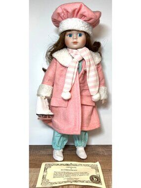 Brinns 1991 Collectible Porcelain Doll With Pink Winter Outfit & Ice Skates